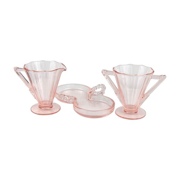 Vintage Pink Glass Creamer & Sugar Set: Art Deco Coffee Service - Picture 4 of 5